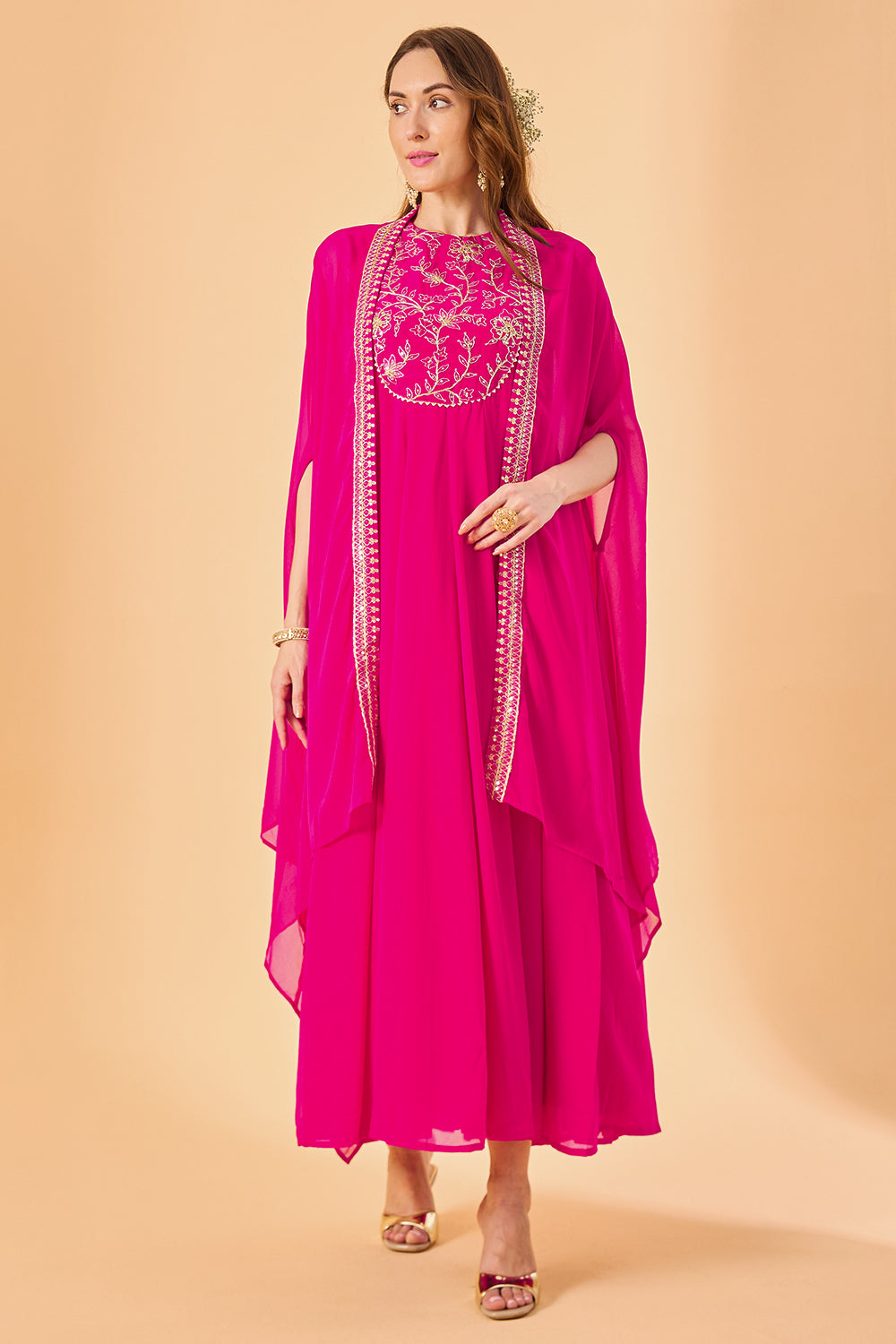 dhartii  Fuchsia Pink Aura Georgette Embroidered Fusion Set