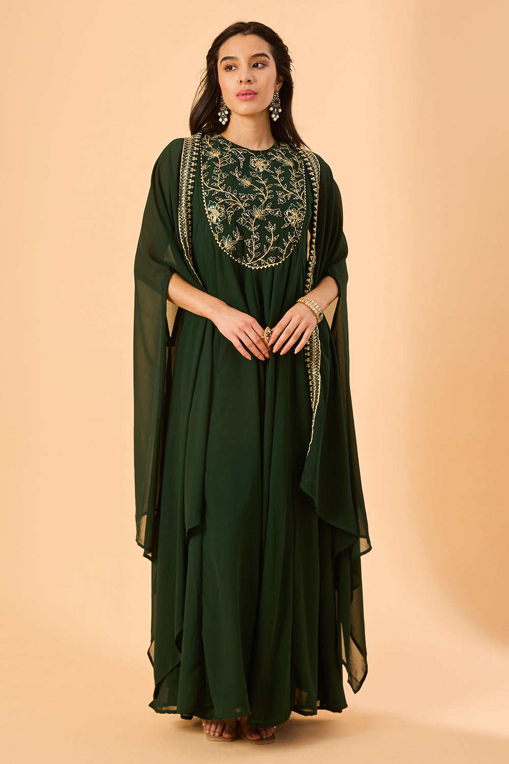 dhartii  Dark green Embroidered Georgette Fusion Set