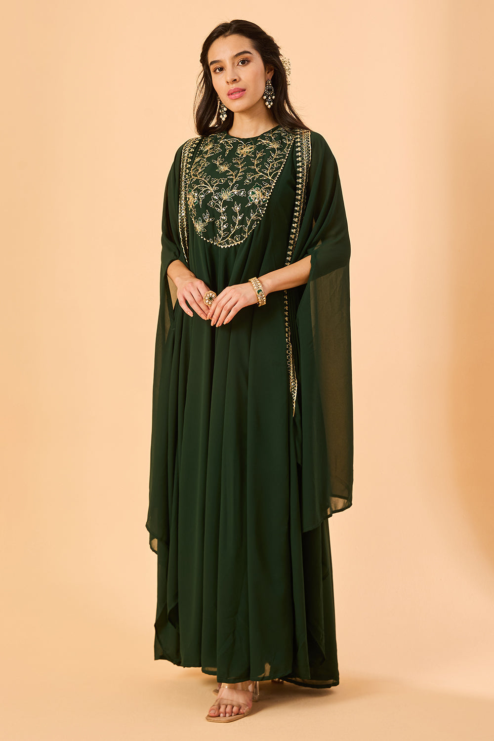 dhartii  Dark green Embroidered Georgette Fusion Set