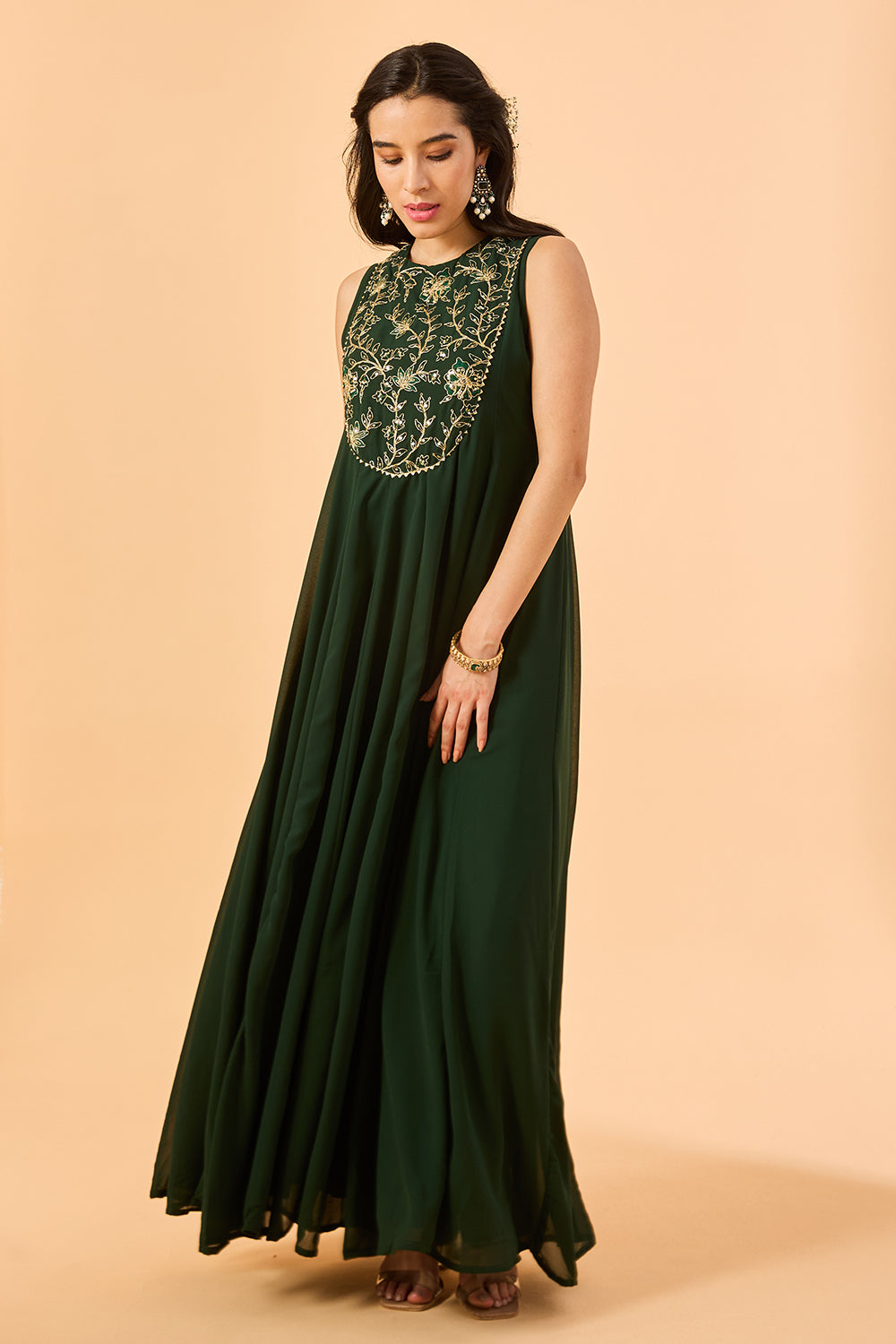 dhartii  Dark green Embroidered Georgette Fusion Set