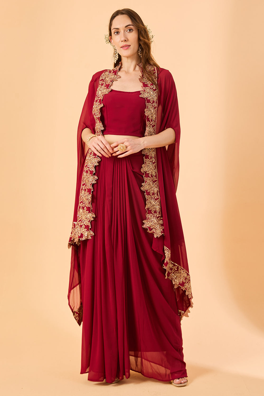dhartii  Burgundy Embroidered Georgette Fusion Set