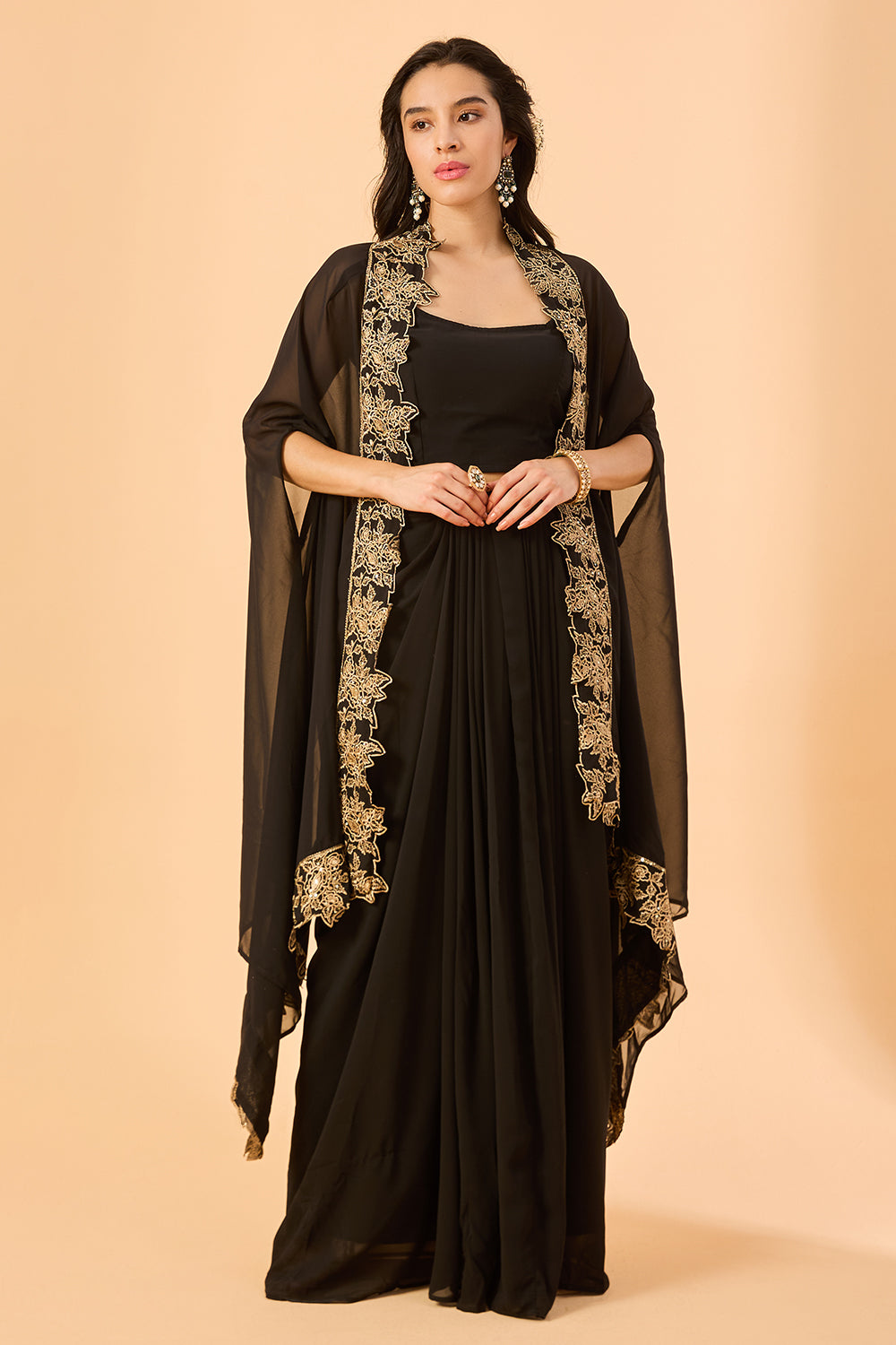 dhartii  Black Embroidered Georgette Fusion Set