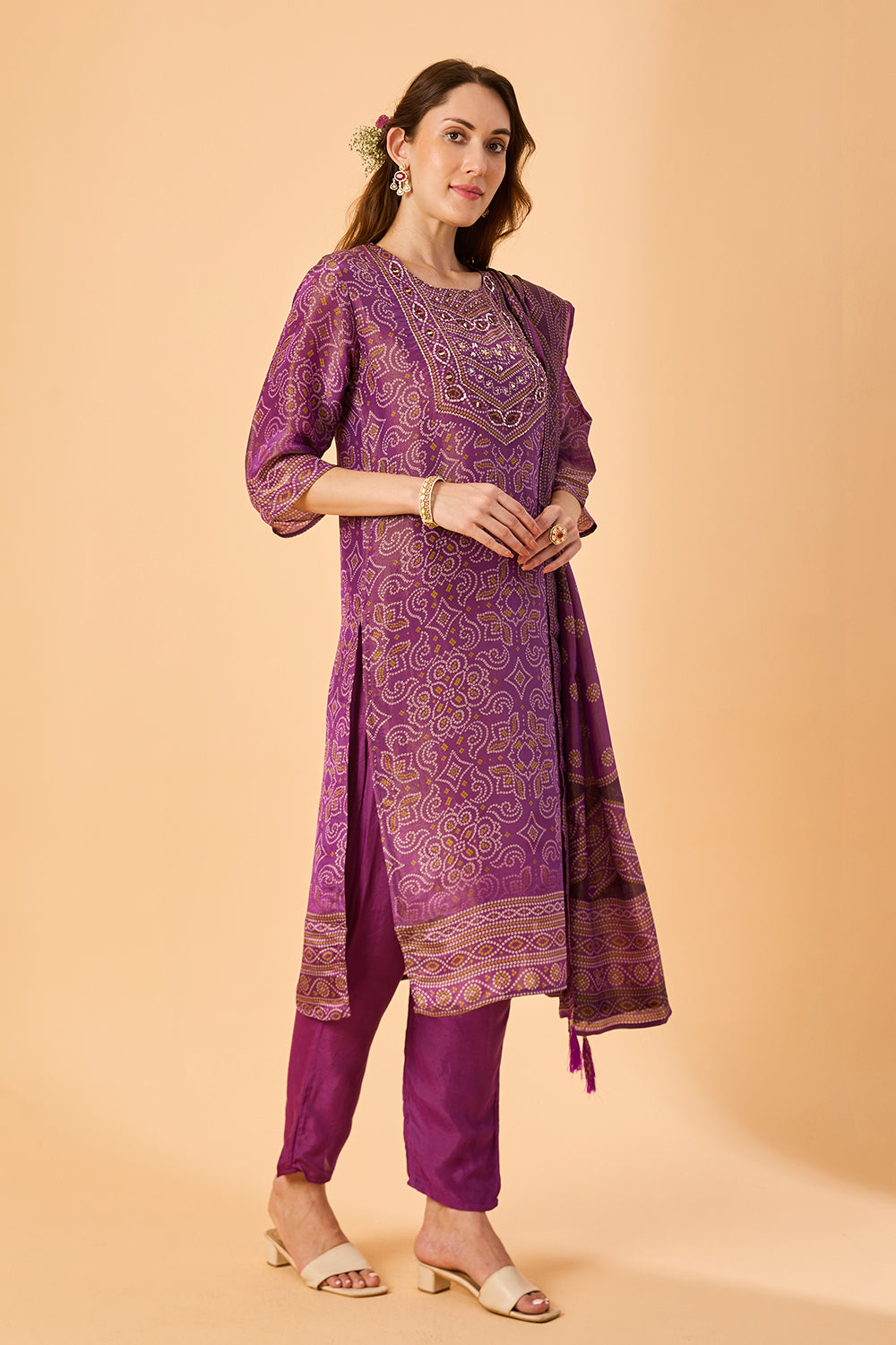 dhartii  Purple Embroidered Silk Tissue Suit Set