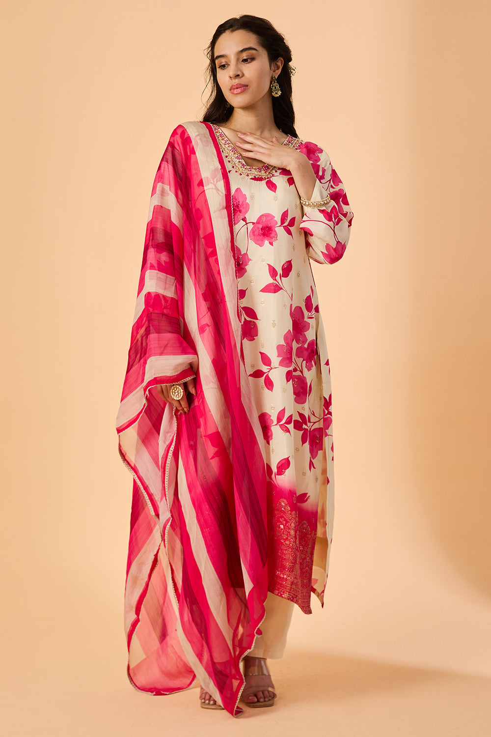 dhartii  Elegant pearl White Floral Silk Suit Set