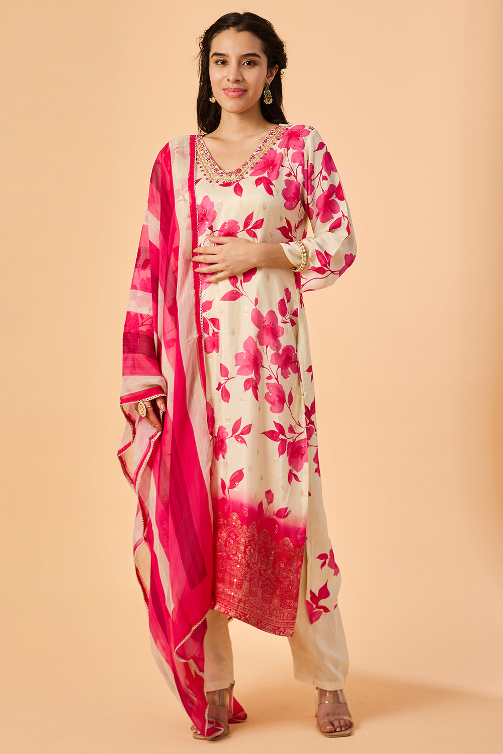 dhartii  Elegant pearl White Floral Silk Suit Set