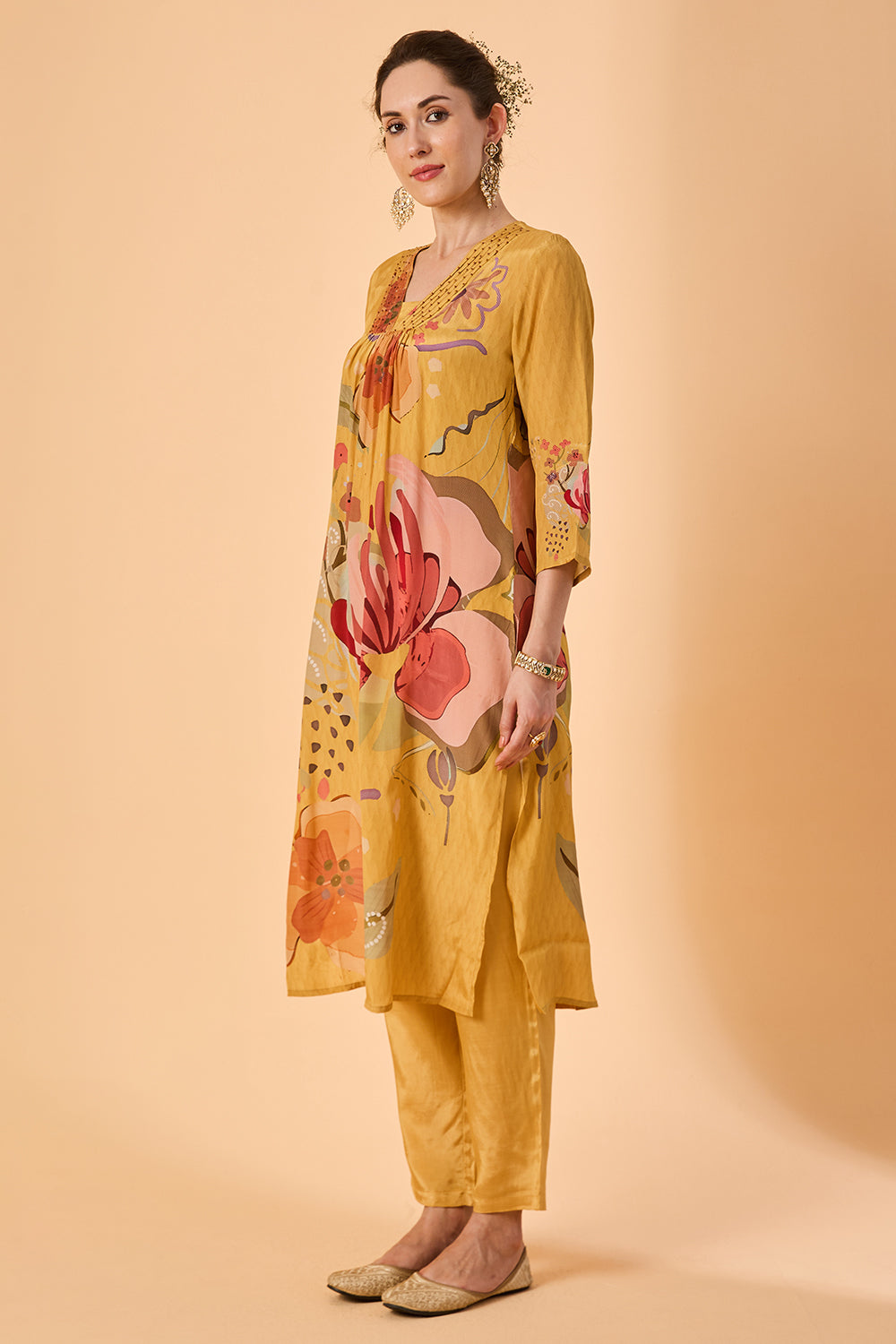 dhartii  Yellow Golden Haze Abstract floral printed Crepe Suit Set