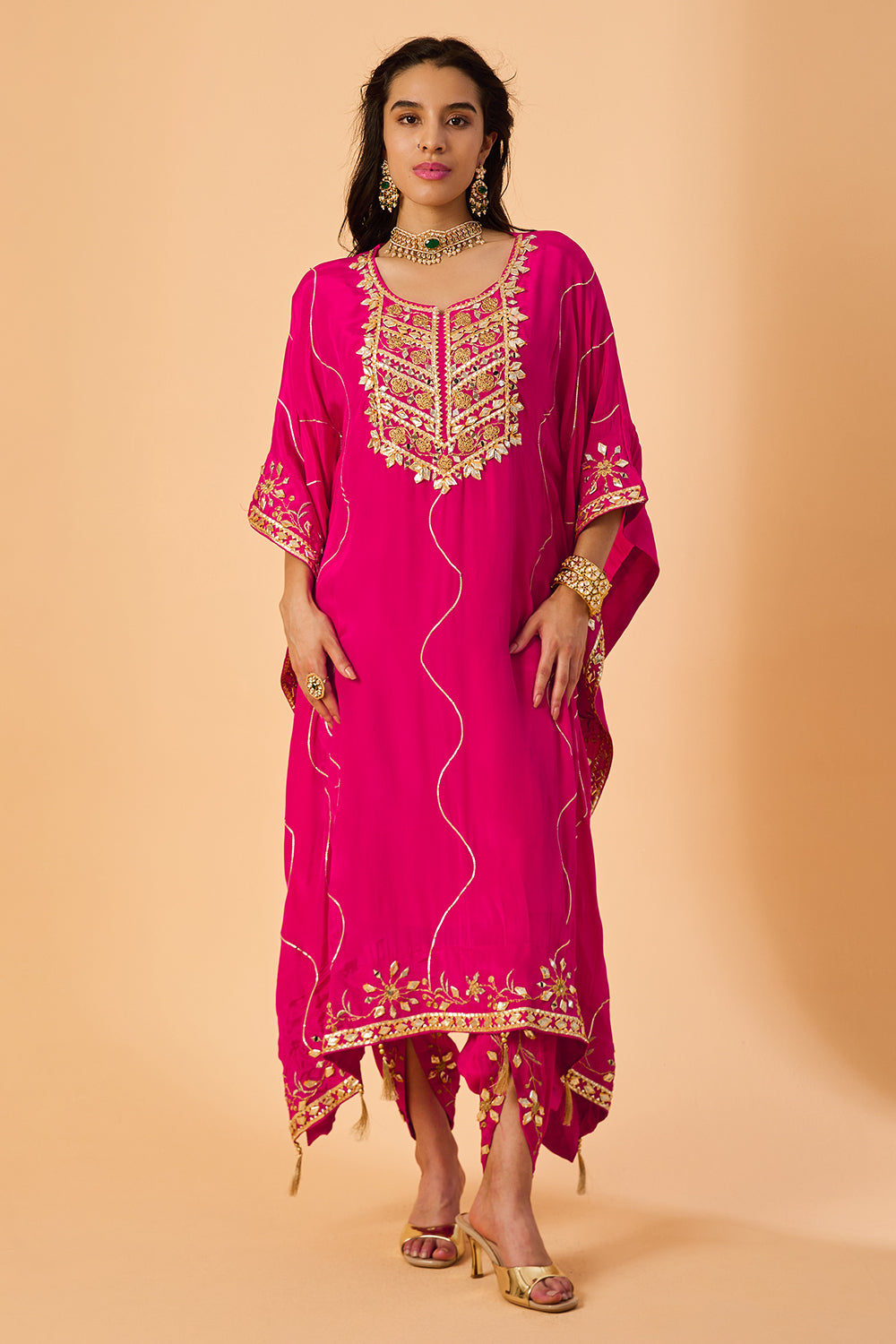 dhartii  Pink Embroidered Crepe Fusion Kaftan Set