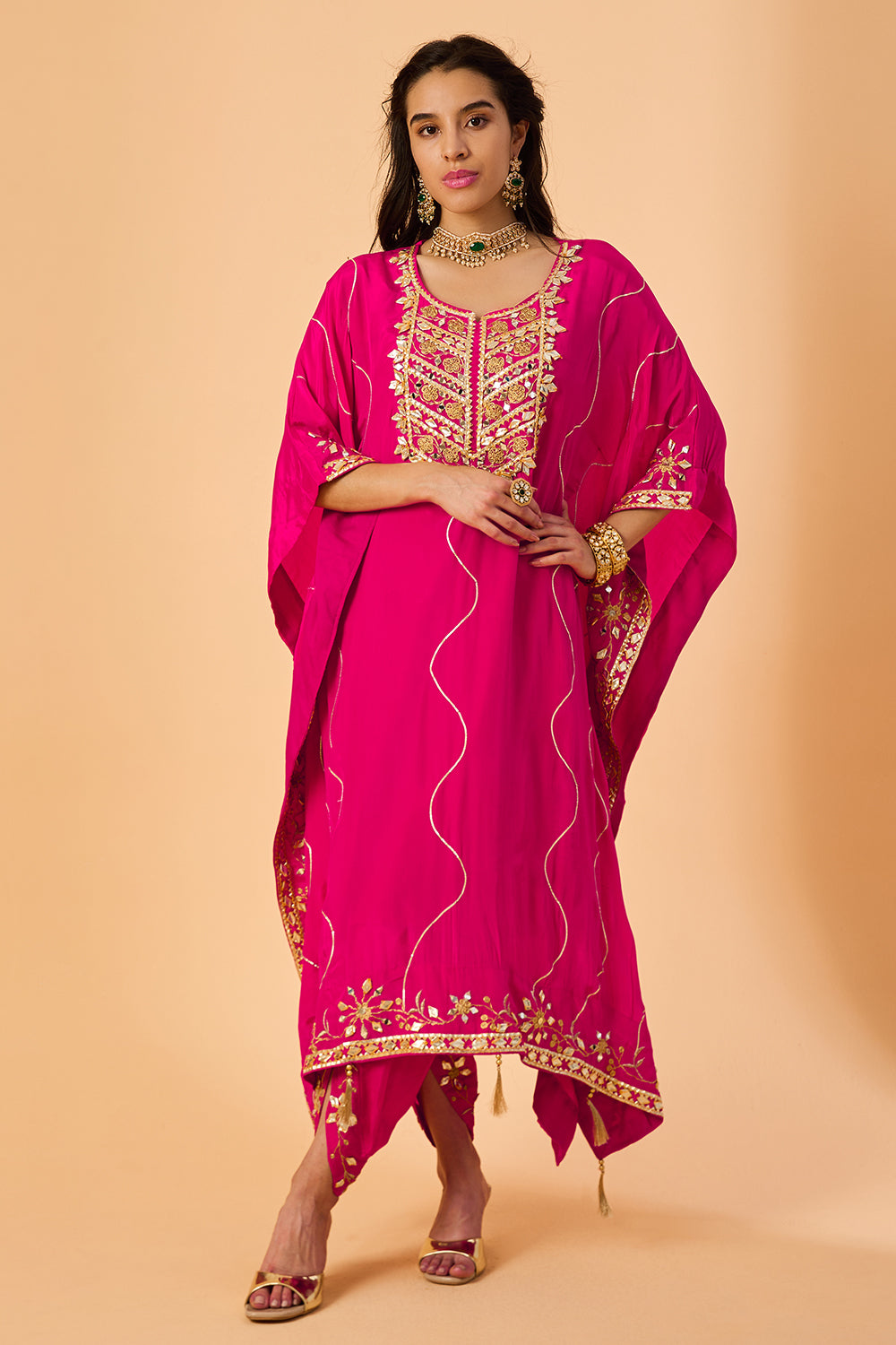 dhartii  Pink Embroidered Crepe Fusion Kaftan Set