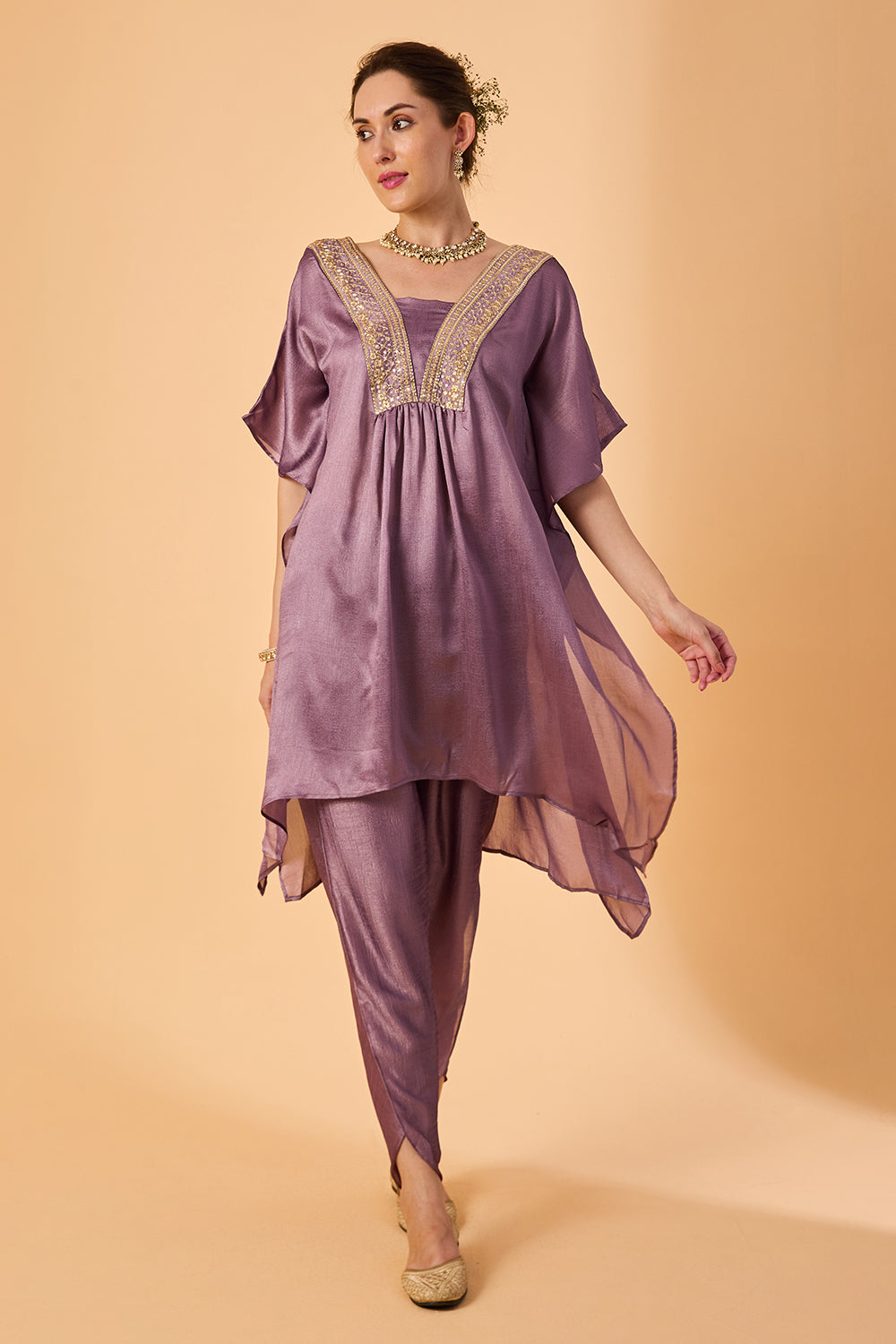 dhartii  Shiny Lavender Embroidered Art Silk Fusion Set