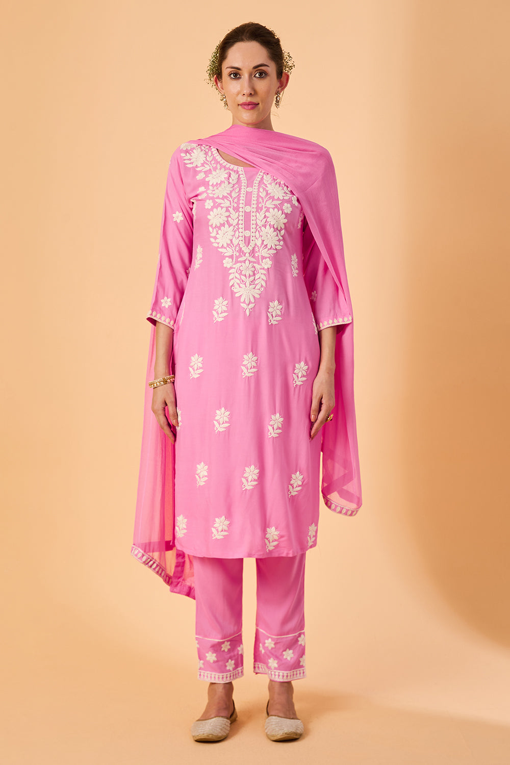 dhartii  Pink Embroidered Rayon Ethnic Suit Set