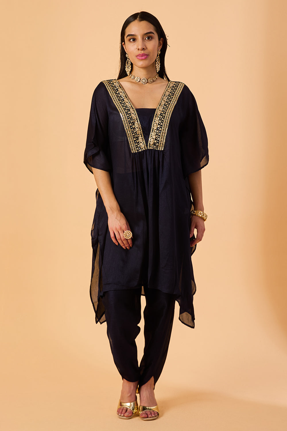 dhartii  Navy Elegance Embroidered Silk Fusion set