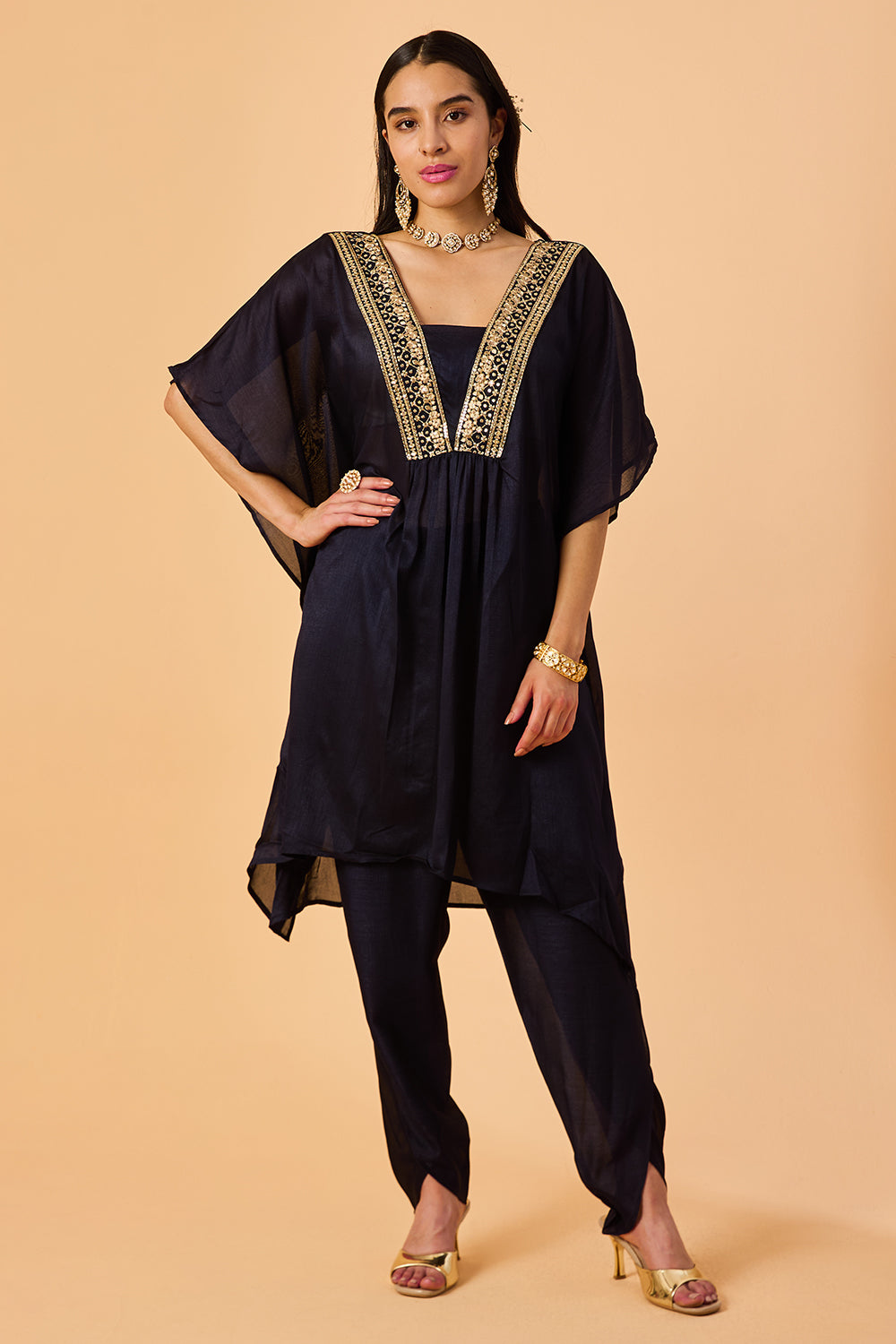 dhartii  Navy Elegance Embroidered Silk Fusion set