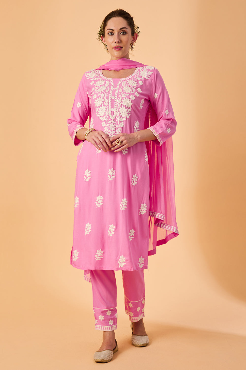 dhartii  Pink Embroidered Rayon Ethnic Suit Set