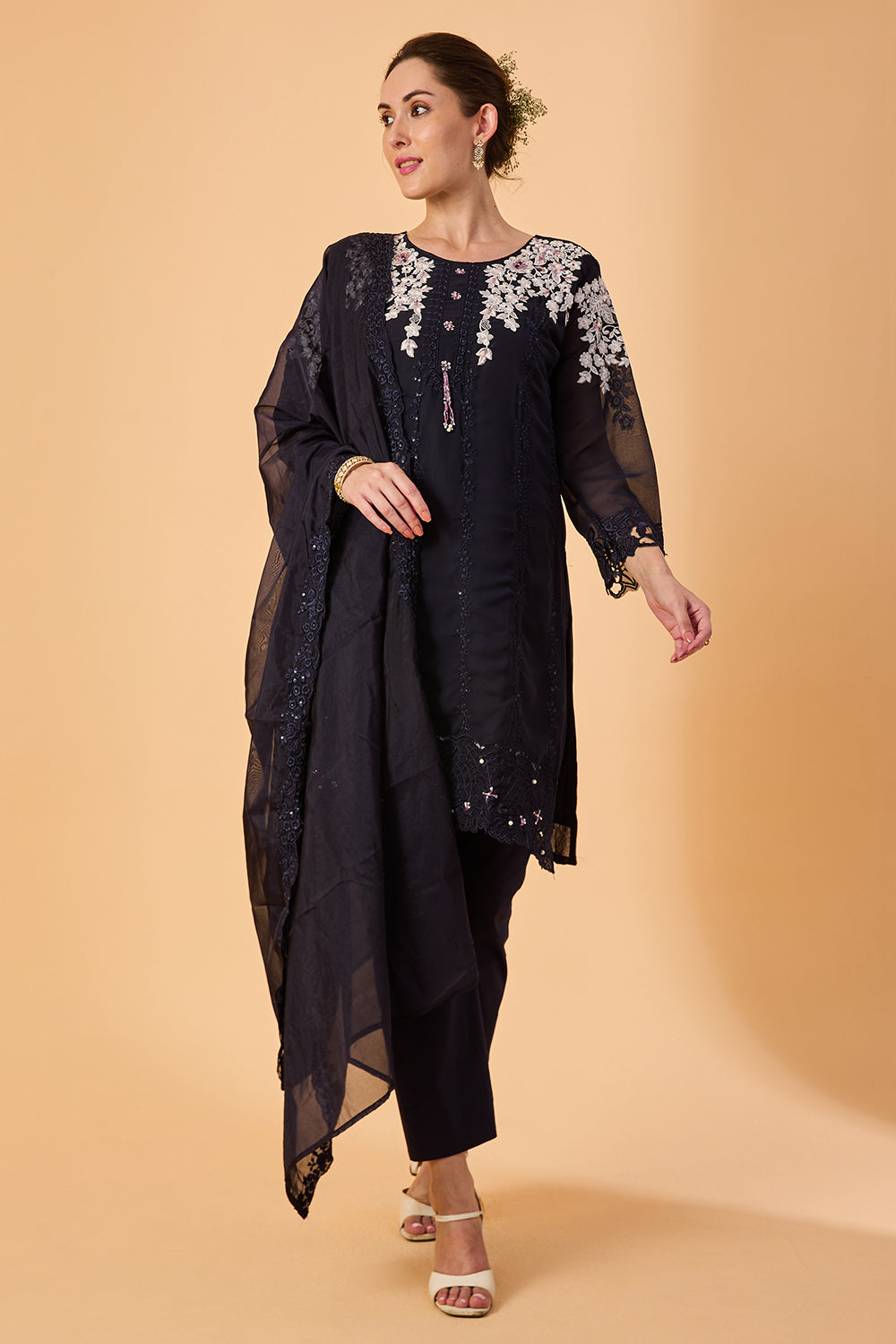 dhartii  Navy Blue Machine Embroidery Ethnic  Georgette Suit Set
