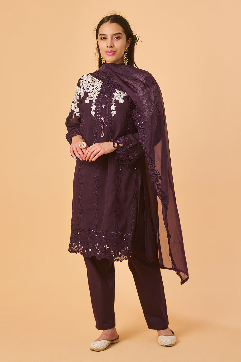 dhartii  Deep Purple  Georgette Embroidered Ethnic Set