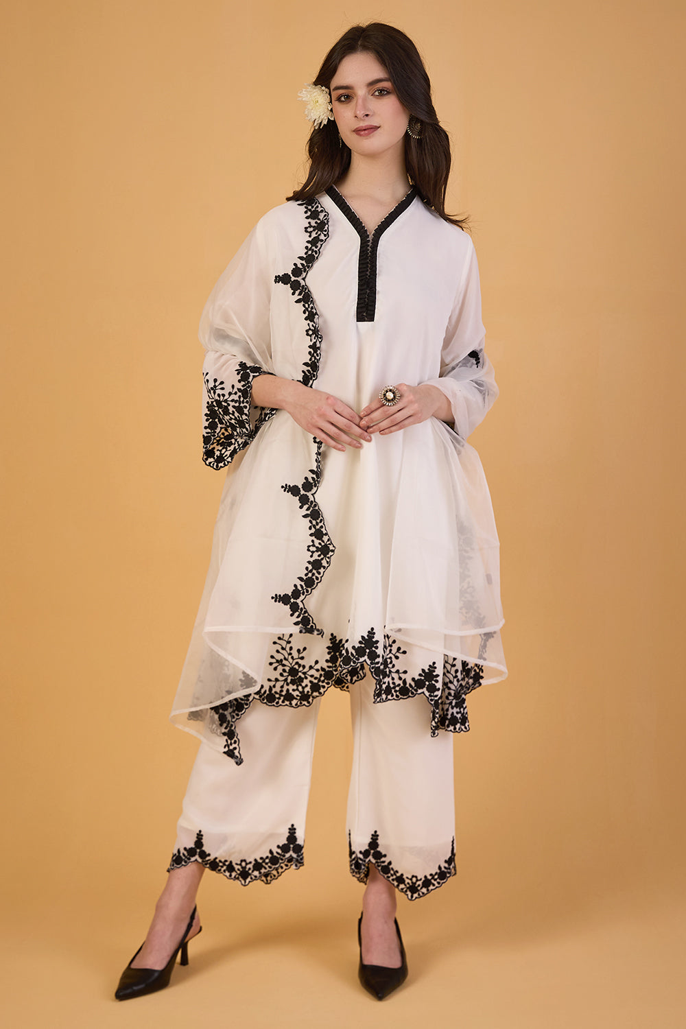 dhartii  Elegant Off-White Embroidered Georgette Suit Set