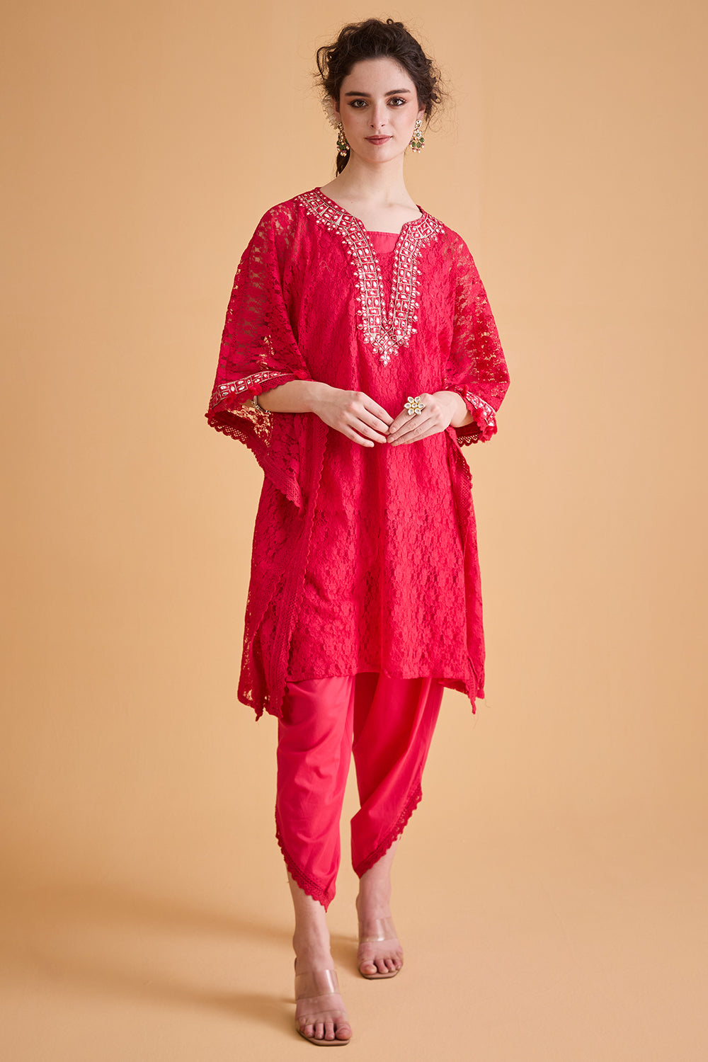 dhartii  Pink Embroidered Fusion Kaftan Set