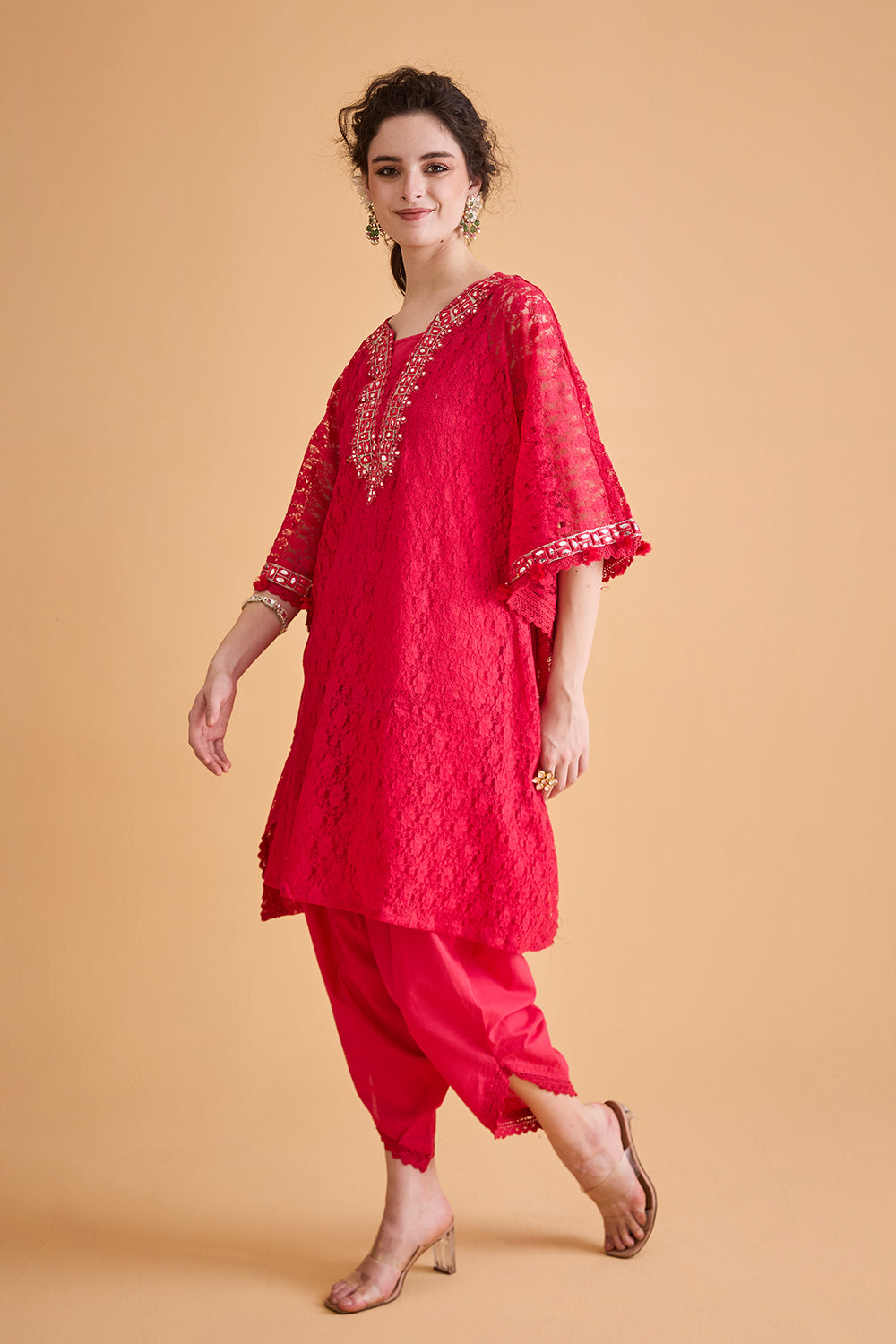 dhartii  Pink Embroidered Fusion Kaftan Set