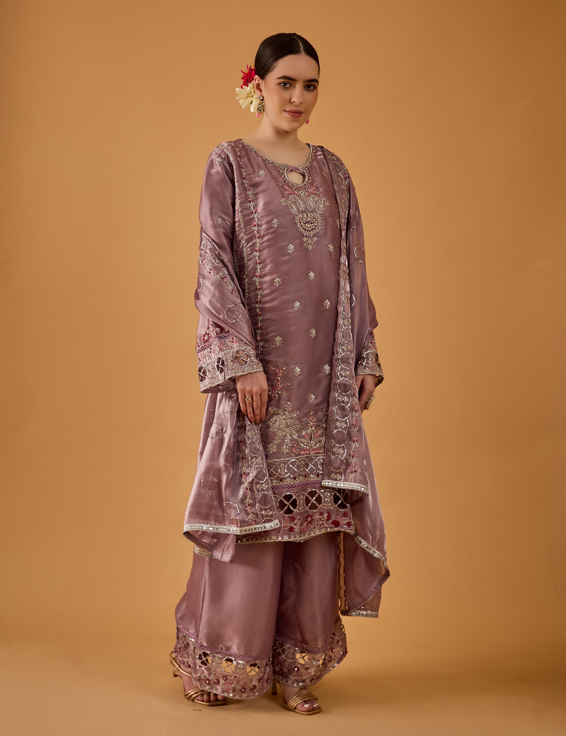 dhartii  Dusty Mauve Elegance Embroidered Organza Sharara Set