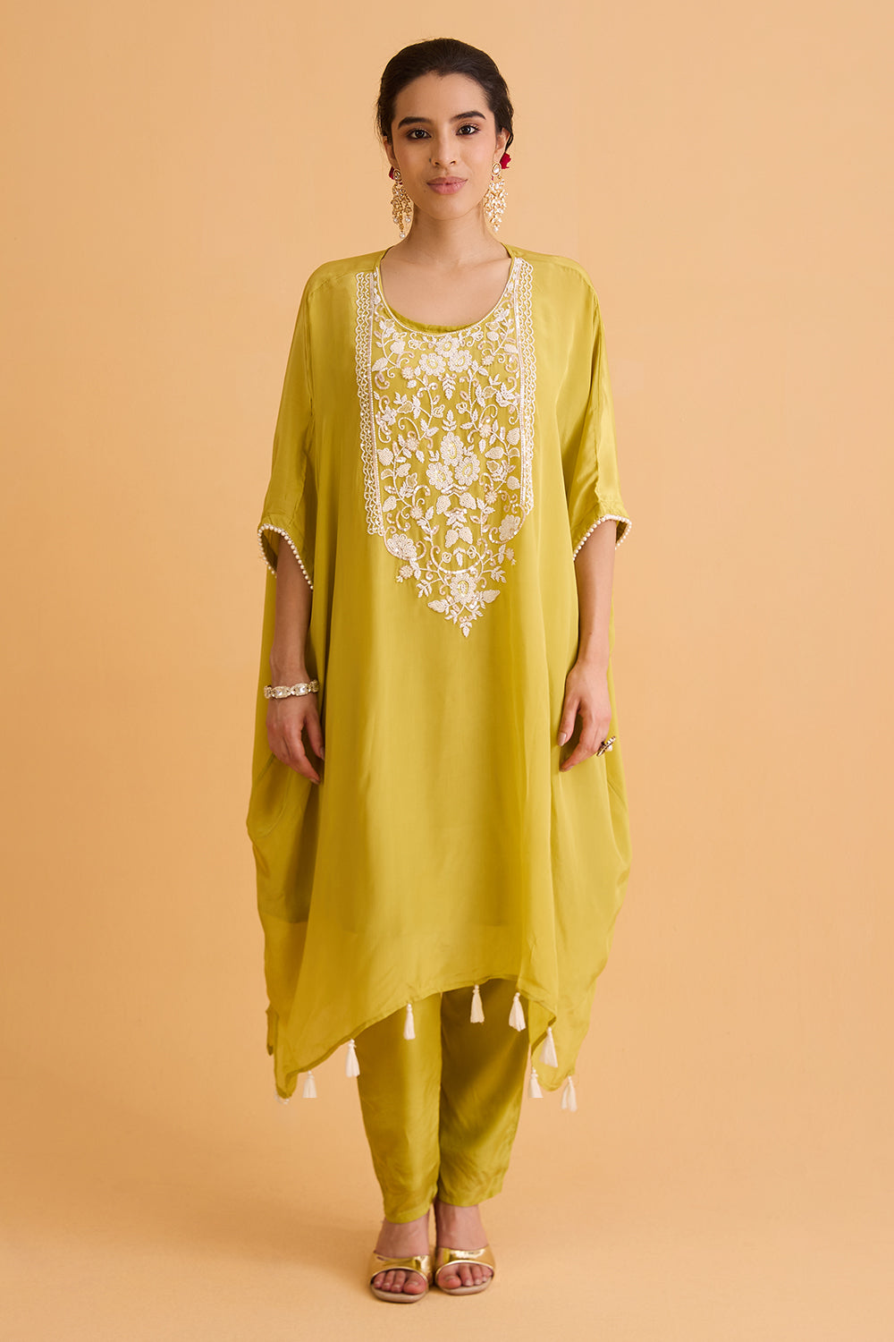 dhartii  Yellow Embroidered Natural Crepe Kaftan Set