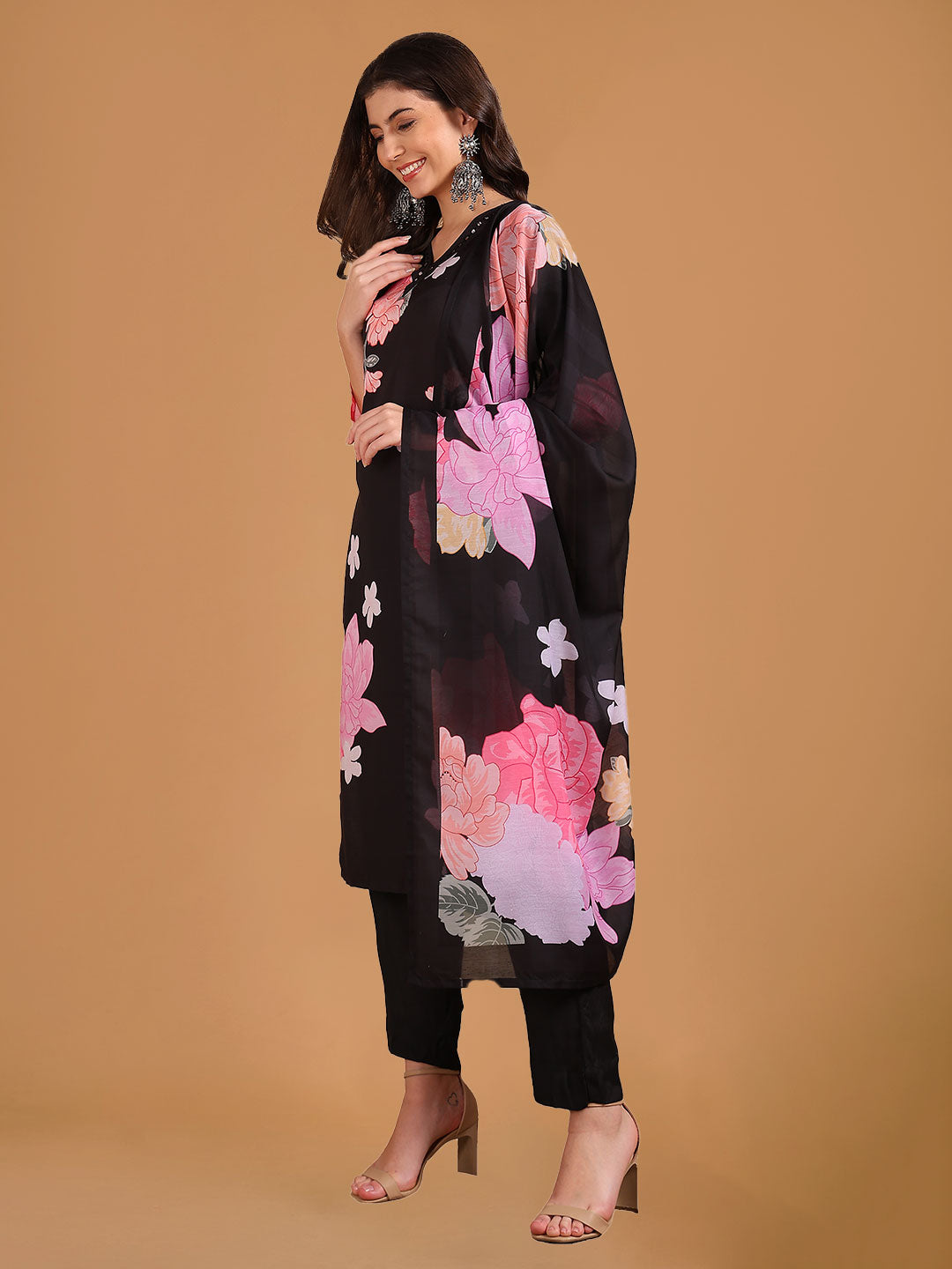 Black Floral Printed Straight Suit Set