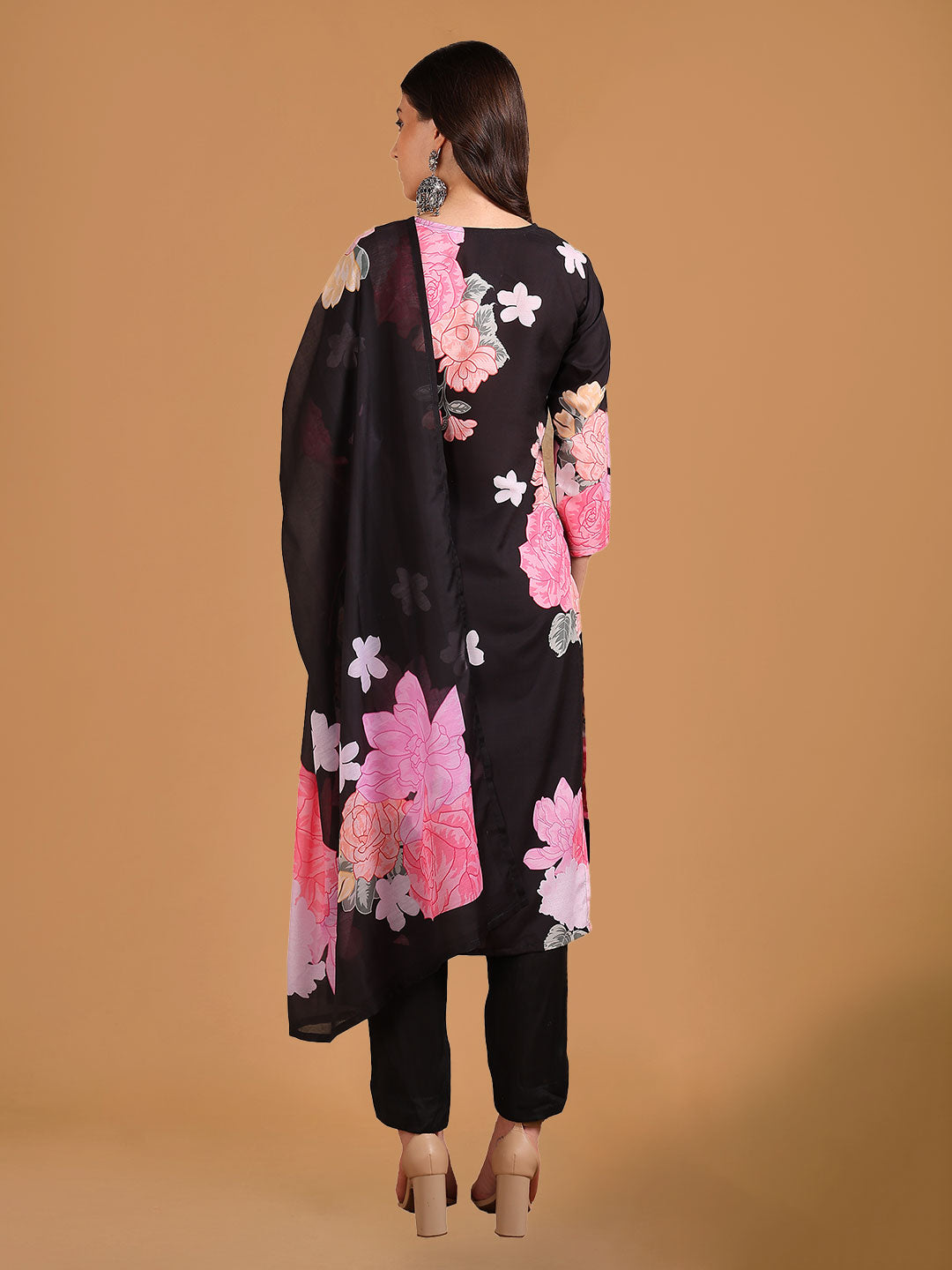 Black Floral Printed Straight Suit Set