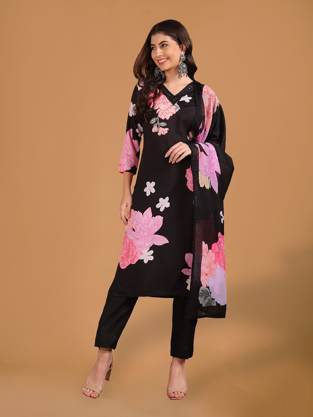 Black Floral Printed Straight Suit Set