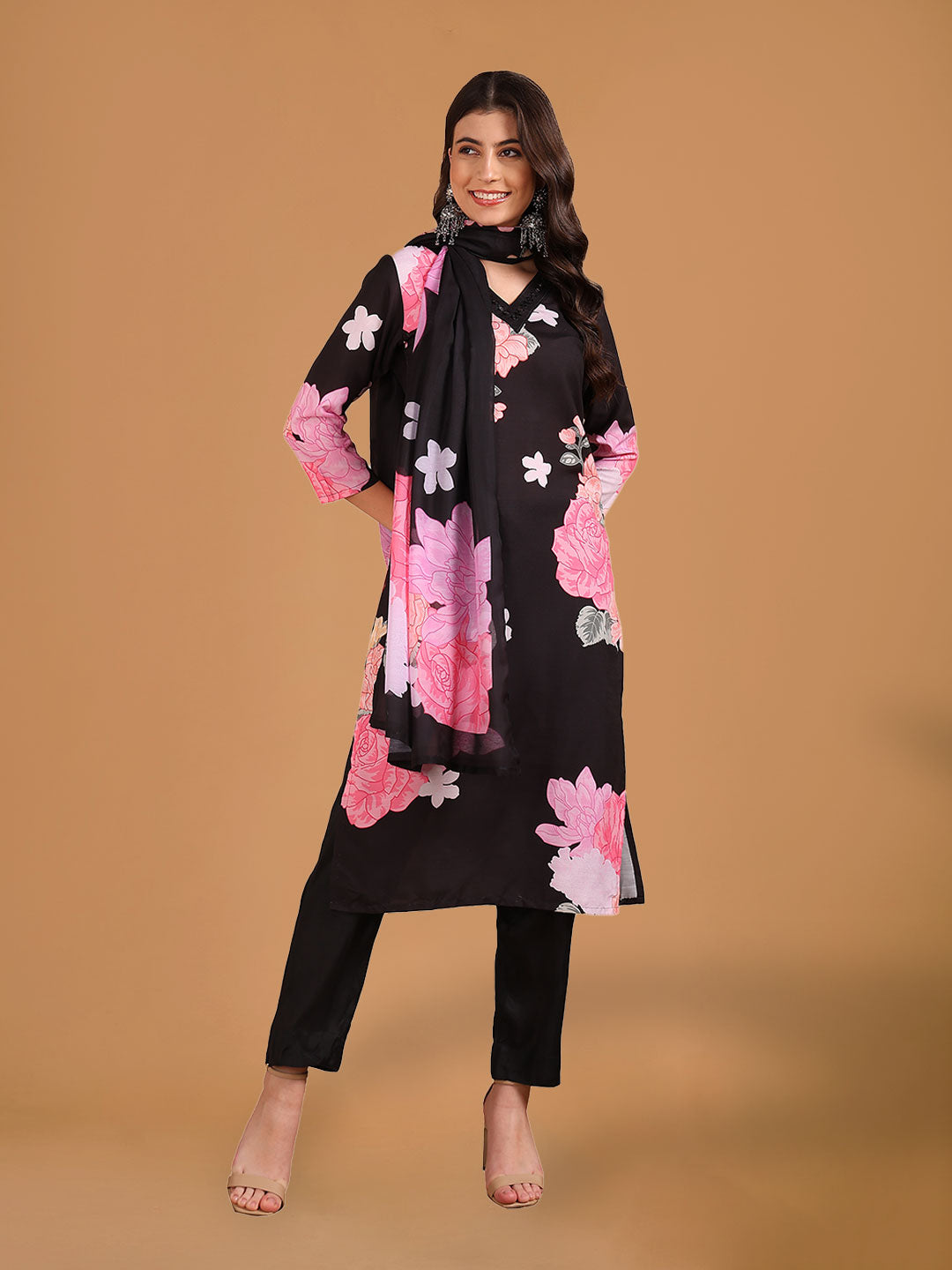 Black Floral Printed Straight Suit Set