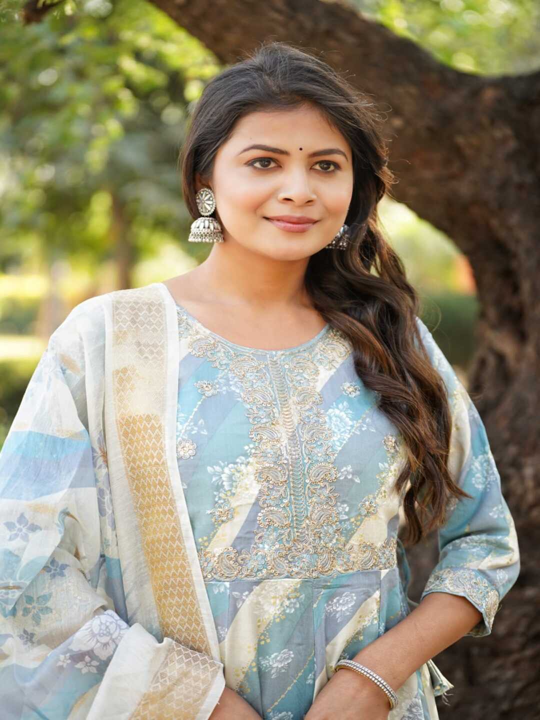 Blue Embroidered Straight Rayon Foil Suit Set