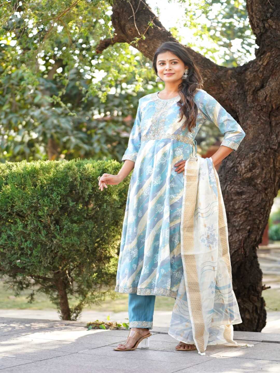 Blue Embroidered Straight Rayon Foil Suit Set