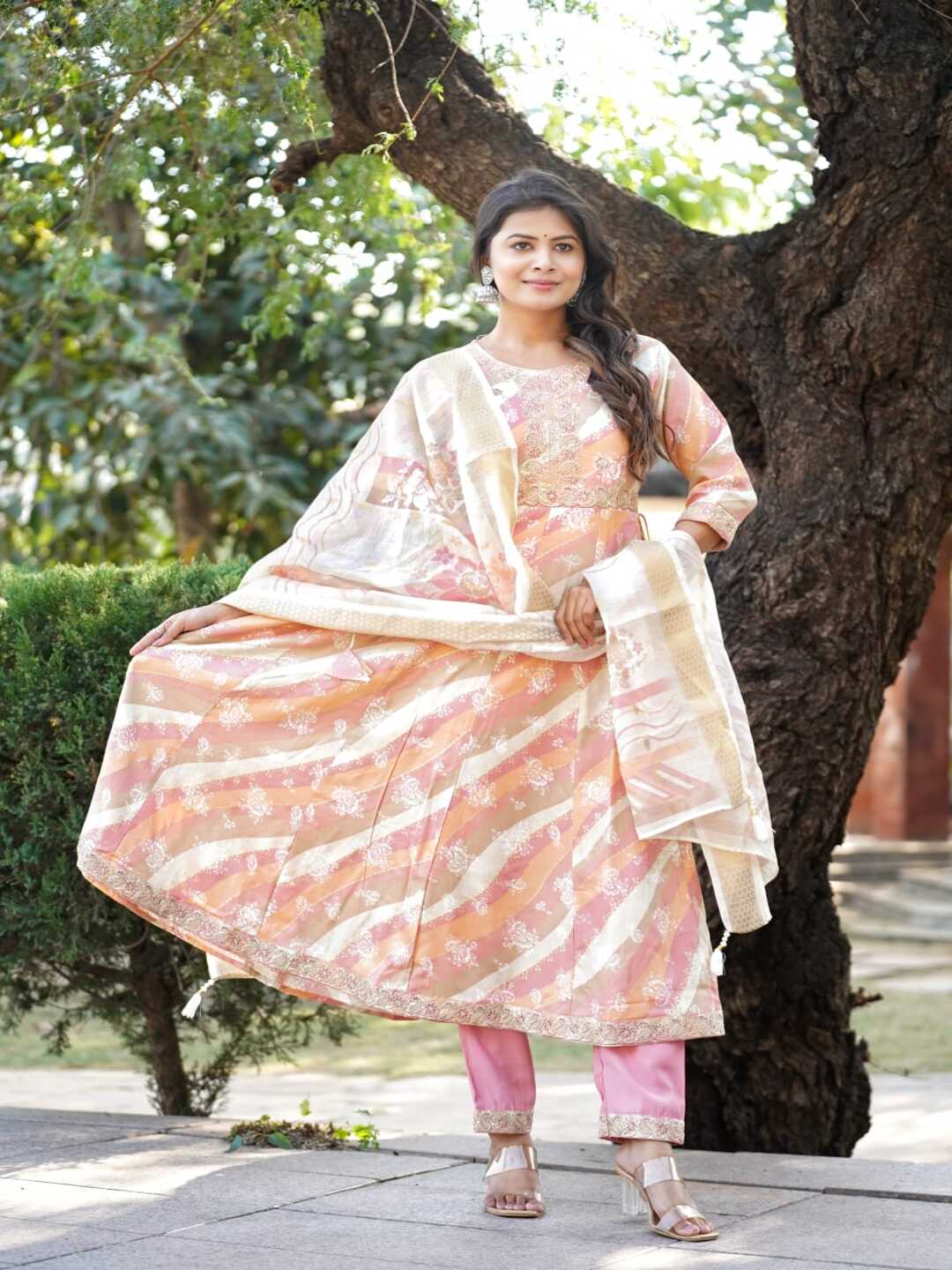 Pink Embroidered Anarkali Rayon Foil Suit Set