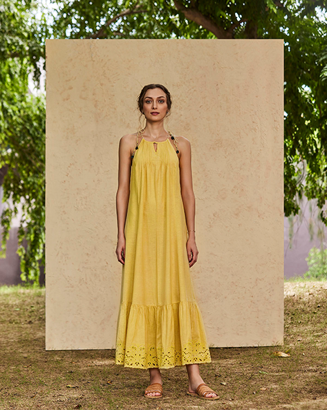 Anahit – Embroidered Maxi Dress in Organic Linen -Turmeric