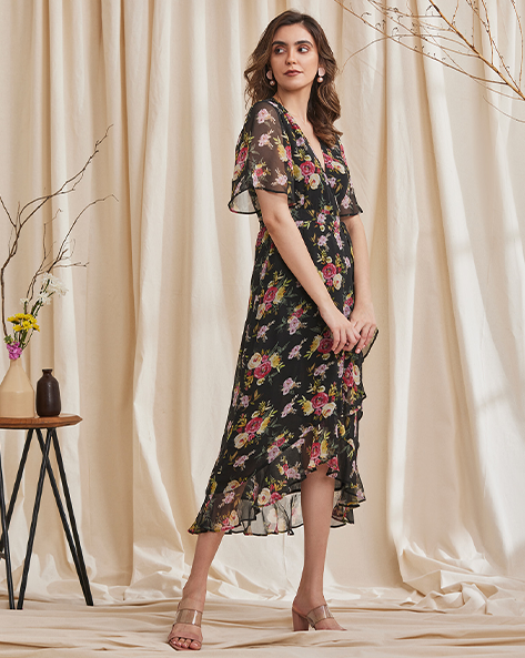 Leiliani Black – Floral Wrap Dress with Frill Hem